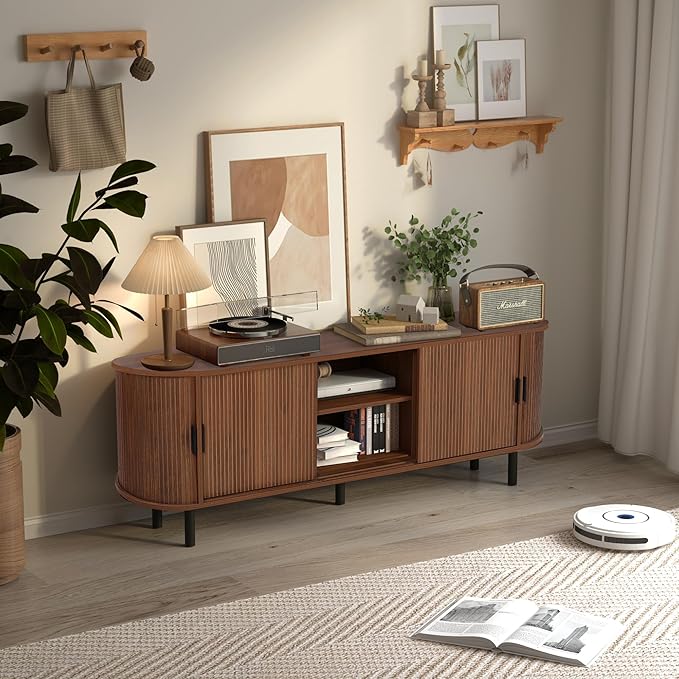 62" Tambour Door TV Stand,Wood Mid Century Modern TV Cabinet for Up to 70“ TV,Curved Edge Long TV Stand with Storage for Bedroom Living Room(Walnut, 62.2inch)
