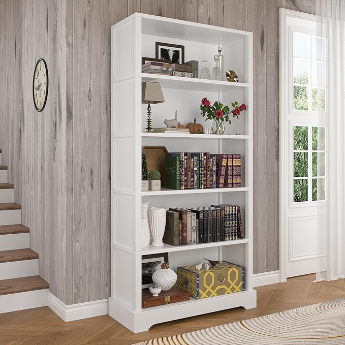 TVU 5-Shelf Wood Bookcase, 65 Inch Tall Bookshelf with Storage, Floor Standing Display Book Shelf，for Living Room Bedroom Study Office, White