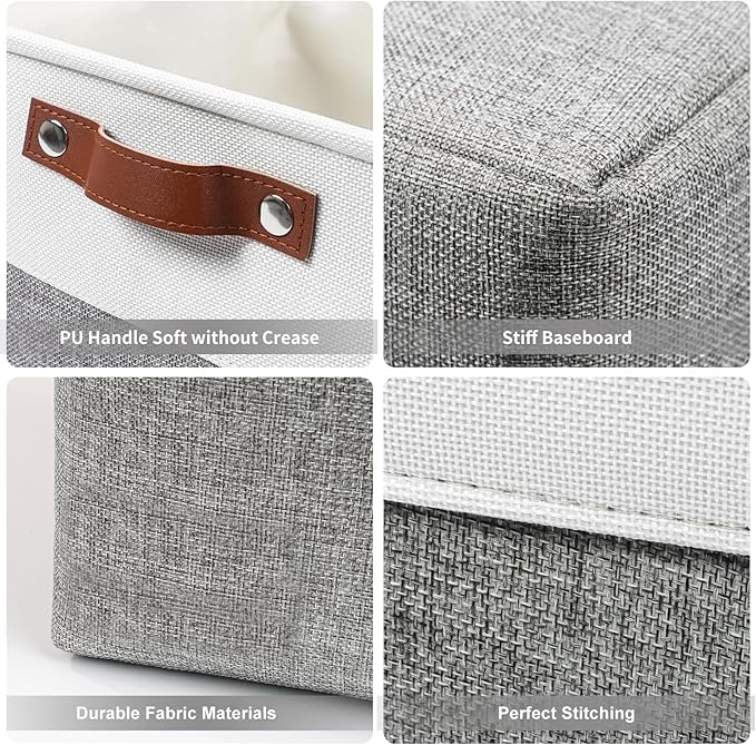 Large Fabric Storage Baskets | 50L Storage Bins, Decorative Linen Closet Baskets with Handles for Organizing, Shelf, Toys, Clothes, Home, Office, Nursery, 17x12x15Inches (Grey&White)