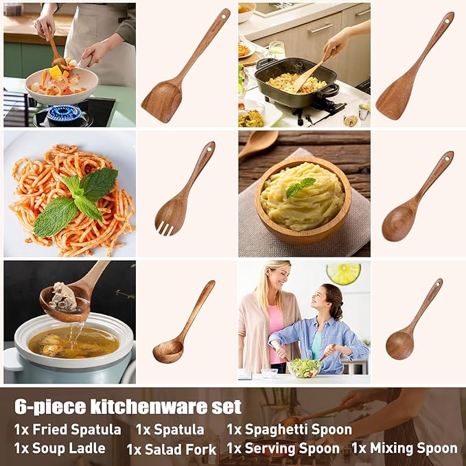 Wooden Spoons - Wooden Spoons for Cooking,Natural Wooden Kitchen Utensils Set Non Toxic,6-Piece Wooden Cooking Utensils(A06)