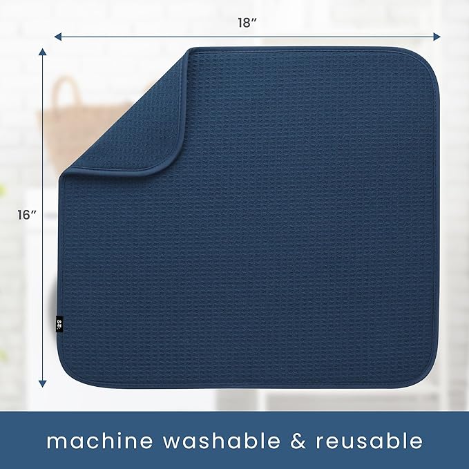 S&T INC. Dish Drying Mat, 16” x 18”, Absorbent Microfiber Kitchen Counter Mat, Dish Drying Pad for Dishes, Utensils, Pots and Pans, Large, Navy