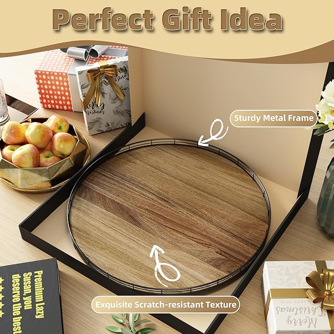 Acacia Wood 21" Lazy Susan Turntable Organizer for Table Top, Farmhouse Extra Large Round Lazy Susan for Serving Kitchen Countertop Cabinet for Charcuterie Centerpiece, Bathroom Vanity Tray Decor