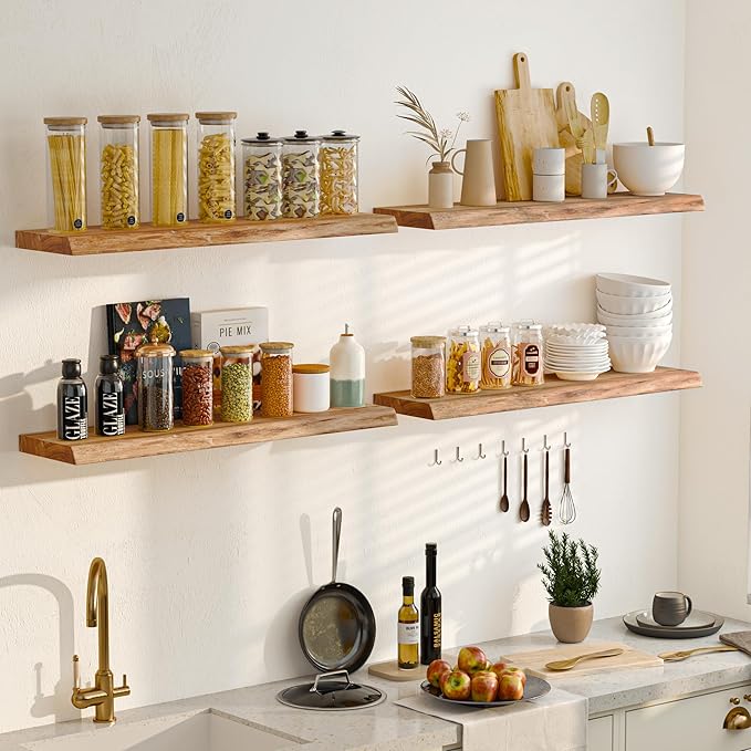 Floating Shelves for Wall, 32" Live Edge Solid Elm Wood Floating Shelf, Wall-Mounted Display Shelves with Invisible Heavy-Duty Metal Bracket, Floating Shelf for Kitchen (Natural, Set of 2)