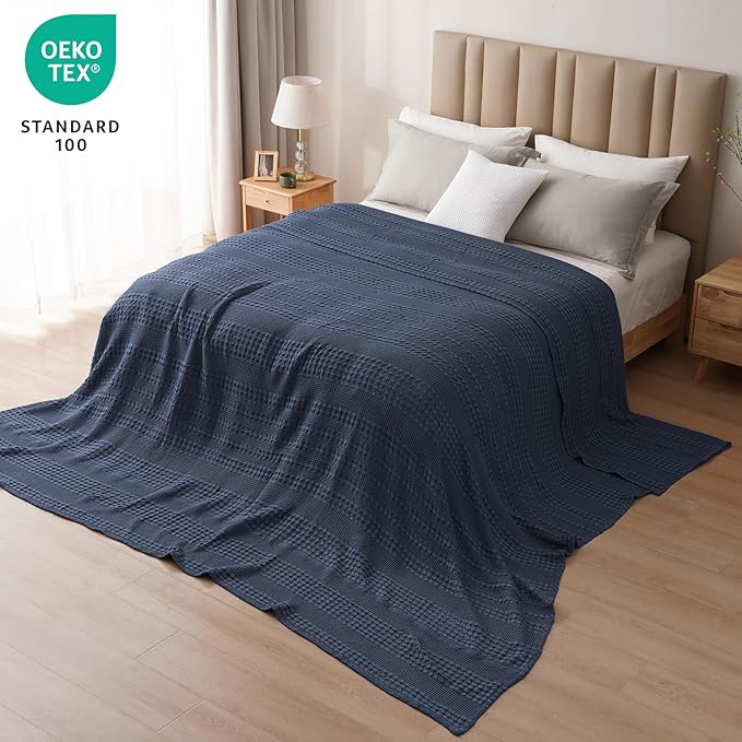 PHF 100% Cotton Waffle Blanket Oversized King 120"x120", Lightweight Breathable Extra Large 10'x10' Summer Blankets for Bed, Giant Big Luxury Aesthetic Woven Bedding for Home Decor, Dark Navy