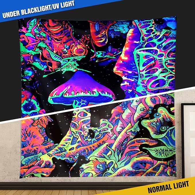 ADDWel Blacklight Mushroom Tapestry, Upright Tapestry Glow In The Dark, UV Reactive Black Light Tapestries Posters Wall Hanging for Backdrop Bedroom Dorm Living Room Decor(70"x90")