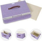 ANMINY Storage Bin with Lid Storage Boxes with PU Leather Handles PP Plastic Board Decorative Foldable Lidded Cotton Linen Fabric Home Cubes Baskets Closet Organizer Container - Purple, Large Size