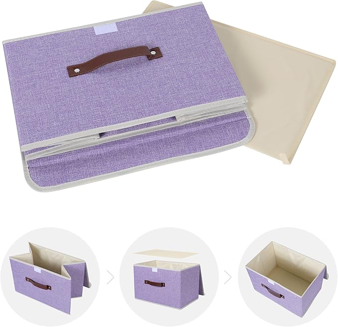 ANMINY Storage Bin with Lid Storage Boxes with PU Leather Handles PP Plastic Board Decorative Foldable Lidded Cotton Linen Fabric Home Cubes Baskets Closet Organizer Container - Purple, Large Size