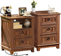 18" Farmhouse Night Stands Set of 2 with Charging Station, 2 & 3 Drawers End Table Dresser for Bedroom, Brown Wooden Nightstand, Bed Side Table with Open Shelf, Bedside Cabinet for Living Room