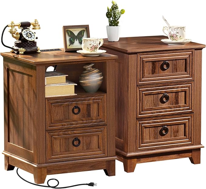 18" Farmhouse Night Stands Set of 2 with Charging Station, 2 & 3 Drawers End Table Dresser for Bedroom, Brown Wooden Nightstand, Bed Side Table with Open Shelf, Bedside Cabinet for Living Room