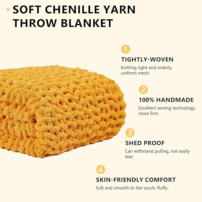 L'AGRATY Chunky Knit Blanket Throw: 80''x90'' Chenille Chunky Knitted Throw Blanket for Bed Couch - Handmade Thick Big Cable Knit Blanket - Large Chunky Crochet Rope Blanket for Home Decor(Yellow)