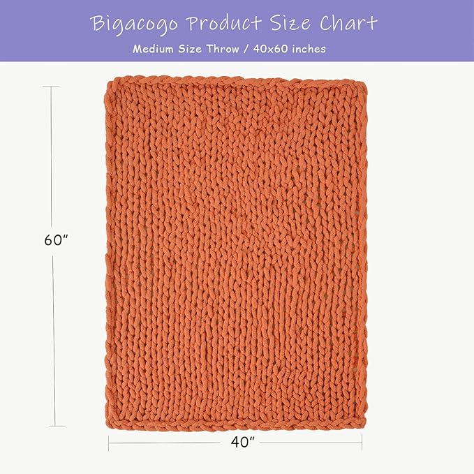 Bigacogo Chunky Knit Throw Blanket for Couch, 40x60 inches, 100% Hand Knitted with Thick Jumbo Chenille Yarn, Cozy Soft Large Rope Knot Cable Crochet Blankets for Sofa Bed Living Room, Terracotta