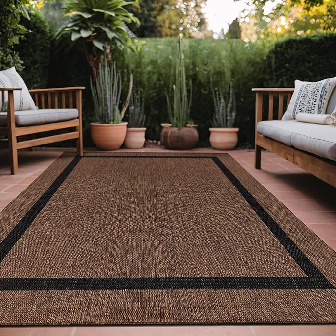 Bordered Outdoor Rug 8x10 Washable Outside Carpet for Indoor Patio Porch Waterproof Easy Cleaning Non Shedding Area Rugs Nut Brown - Black 8 x 10