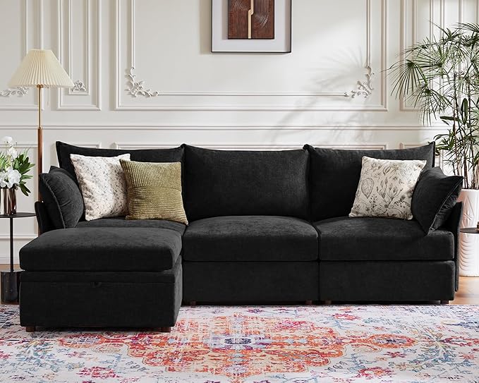 102.6" Modular Sectional Sofa, Oversized 3-Seater Couch with Removable Black Chenille Fabric Cover, Deep Seat & High Backrest for Living Room, Office & Apartment