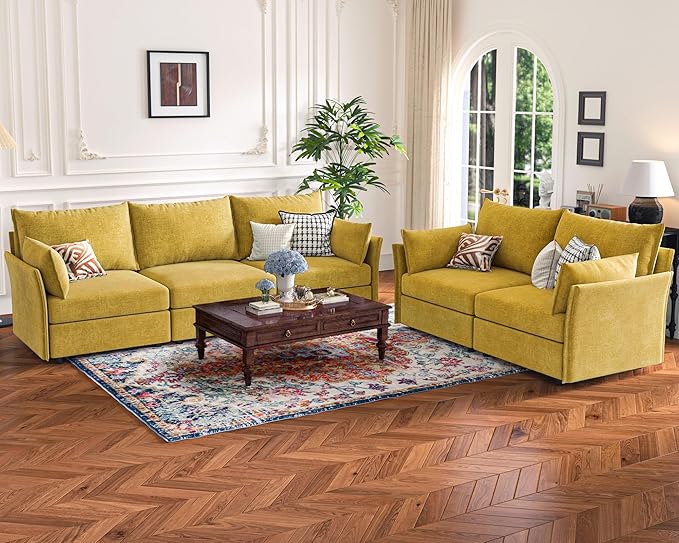 Oversized Loveseat Sofa, Modern Modular Sectional Couch Yellow Fluffy Chenille Mid Century 2-Seat 24.5" Deep Seat for Apartment, Living Room, Bedroom