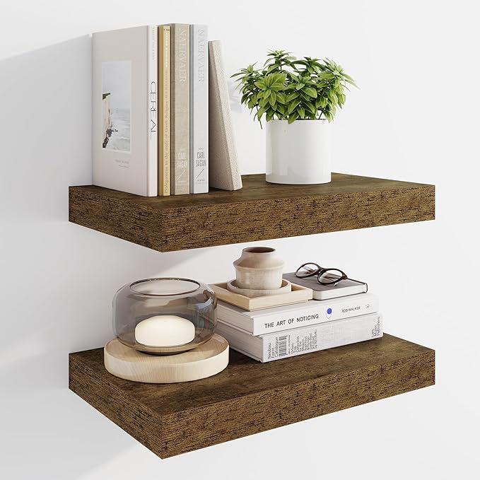 Marsmiles 16" Floating Shelves for Wall, Wooden Shelves with Invisible Brackets Set of 2, Rustic Farmhouse Wall Mounted Shelf for Kitchen Bathroom Living Room Study, Rustic Brown
