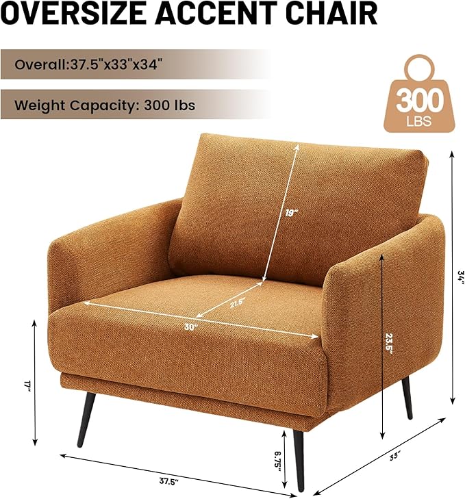 Oversized Accent Chair Set of 2 for Living Room Chairs Reading Arm Chair Comfy Modern Single Sofa Side Chairs with Metal Legs & Soft Cushion for Bedroom, Balcony,Waiting Room (Polyester, Caramel)