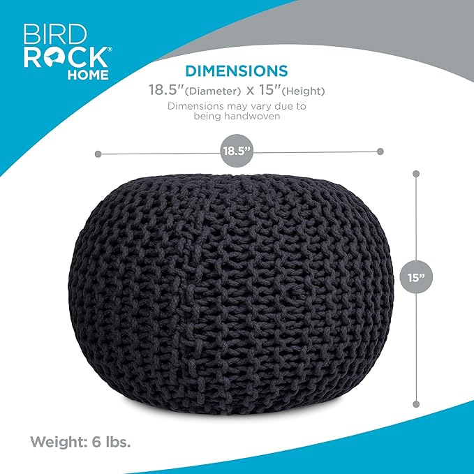 BIRDROCK HOME Round Pouf Ottoman | Cotton Braided Foot Stool with Bean Bag Filling | Boho Foot Rest for Living Room & Bedroom | Compact & Comfortable Seating, Lightweight & Soft | Charcoal