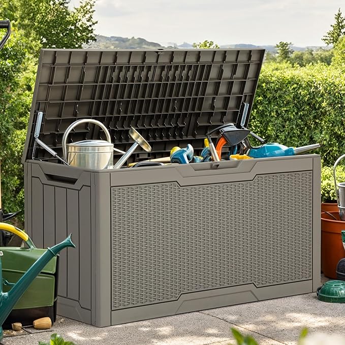 YITAHOME 80 Gallon Resin Deck Box, Weather Resistant Outdoor Rattan Storage Box, Lockable Indoor Outdoor Storage for Supplies and Essentials, Taupe