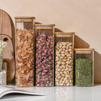 71oz Rectangle Airtight Glass Storage Containers with Bamboo Lids (Set of 4), Square Food Storage Jar, Pantry Organizers for Sugar, Flour, Spaghetti and Coffee beans (‎with Black Lable)