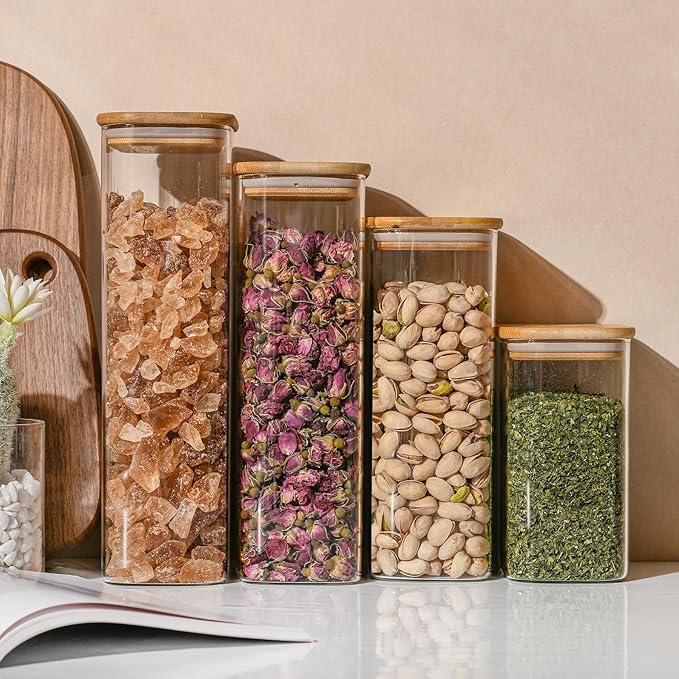 37oz Rectangle Airtight Glass Storage Containers with Bamboo Lids (Set of 6), Square Food Storage Jar, Pantry Organizers for Cereal, Nuts, Snacks and Coffee beans (‎with Black Lable)