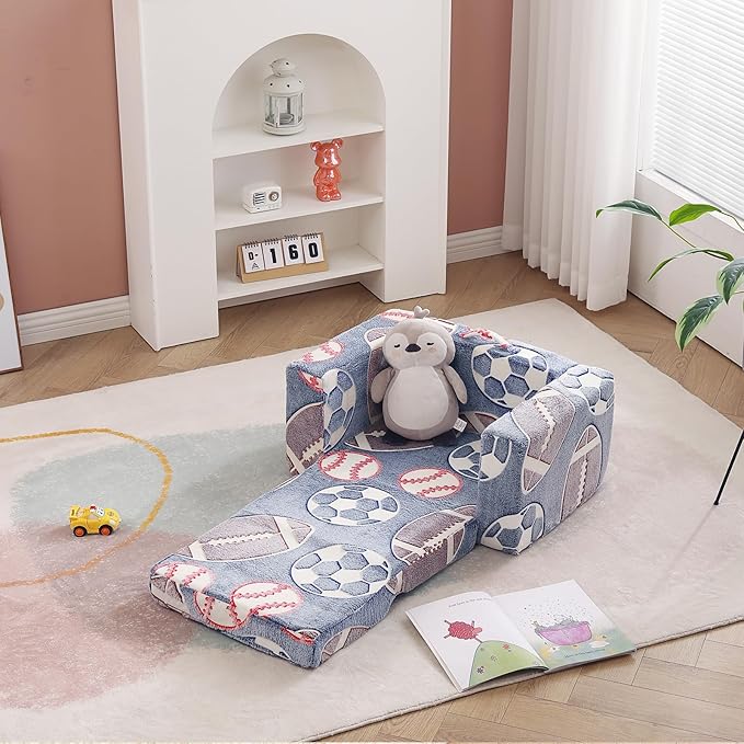 Toddler Chair Kids Couch, 2-in-1 Toddler Soft Sherpa Couch Fold Out Armchair Glow in The Dark with Removable Cover, Convertible Reading Chair Toddler Sofa for Kids, Football