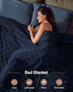 Pawque Super Soft Cozy Throw Blanket Queen Size for Couch Bed, Fluffy Sherpa Fleece Reversible Thick Warm Fuzzy Blanket for All-Season, 3D Checkered Jacquard Decorative Blankets, Navy Blue, 90"x90"