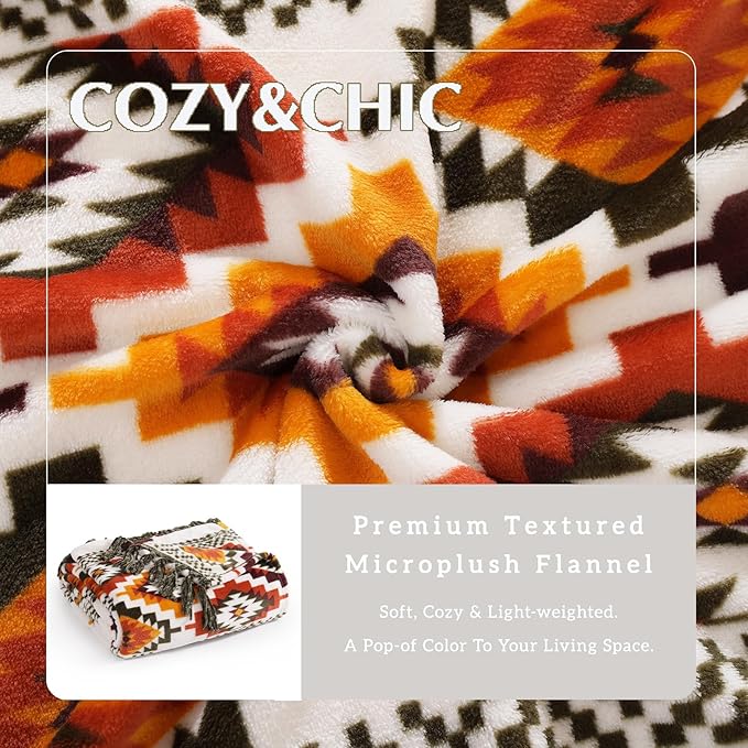 CASAAGUSTO Boho Throw Blanket - Orange and Green Decorative Blankets with Tassel, Printed Flannel Bohemian Blanket for Chair, Bed, Sofa, Couch(50 * 60, Orange and Green)