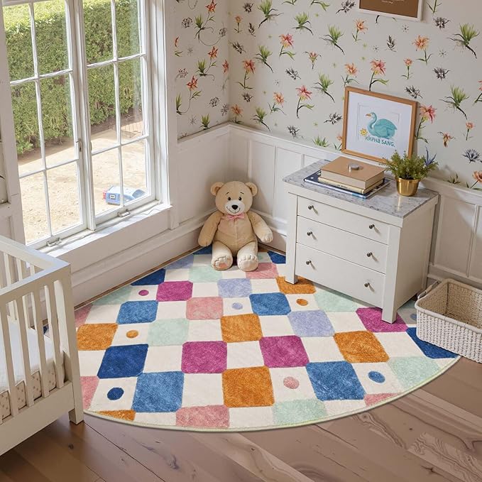 jinchan Kids Rug for Nursery 5ft Radius Corner Washable Area Rug Modern Colorful Quarter Circle Rug Soft Non-Slip Carpet for Bedroom Playroom Daycare Reading Nook Kitchen Classroom Berries on Cream