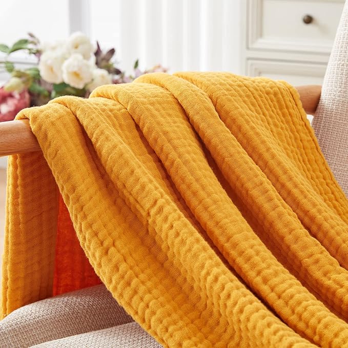 EMME Cotton Twin Blanket 100% Muslin Blanket for Couch Breathable Gauze Blanket All Season Soft and Lightweight Pre-Washed (Mustard Yellow, 60"x80")