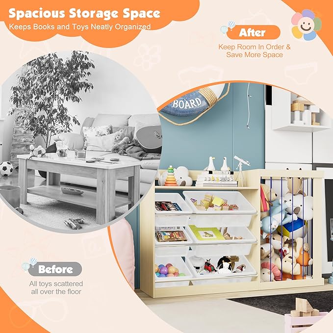 Kids Toy Storage Organizer with 6 Removable Plastic Bins Toddler Montessori Bookshelf with Stuffed Animal Net Holder Baby Bookcase Plush Organizer for Playroom,Bedroom,Kids Room,Classroom