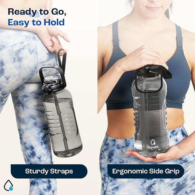 AQUAFIT 64 oz Water Bottle with Time Marker - 2in1 Straw & Chug Lid - BPA Free Big Water Bottle with Straw - Gym Water Bottle with Strap - Water Jug (64 Ounces, Purple Haze)