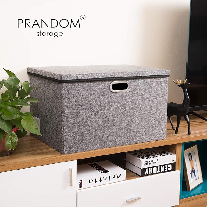 PRANDOM Extra Large Collapsible Storage Bins with Lids [3-Pack] Linen Fabric Foldable Storage Baskets Boxes Organizer Containers Cube with Cover for Bedroom Closet Office Nursery (22.8x15.75x13.8)