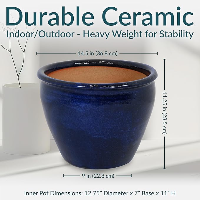 Sunnydaze Chalet Large Ceramic Plant Pot - Round Outdoor Glazed Ceramic Planter Pot with Drainage - Imperial Blue - 14.5"