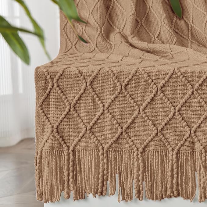 inhand Knitted Throw Blankets for Couch and Bed, Soft Cozy Knit Blanket with Tassel, Khaki Lightweight Decorative Blankets and Throws, Farmhouse Warm Woven Blanket for Men and Women, 50"x60"