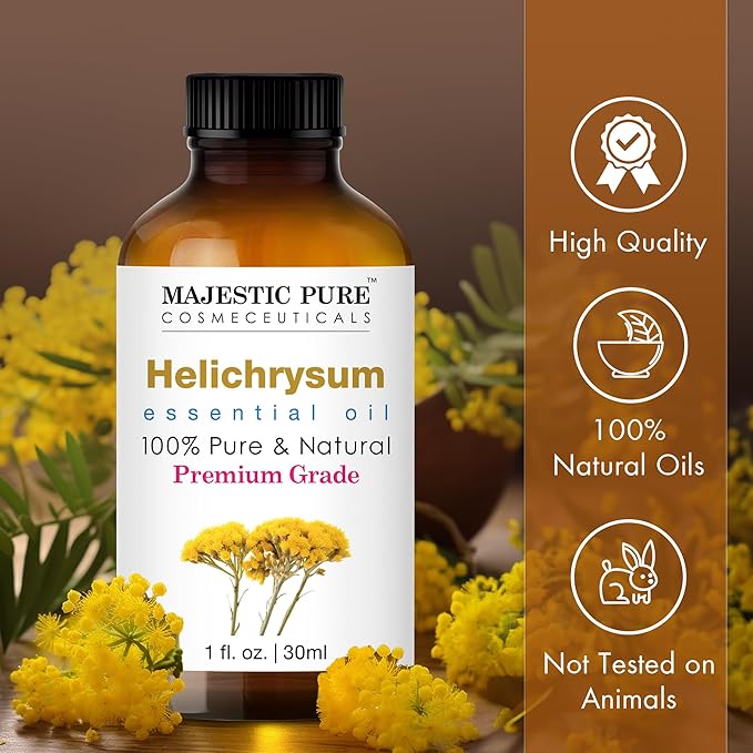 Majestic Pure Helichrysum Essential Oil with Glass Dropper - 1 Fl Oz - 100% Pure and Natural Helichrysum Oil - Premium Grade Essential Oils for Diffuser, Aromatherapy, Soap and Candle Making