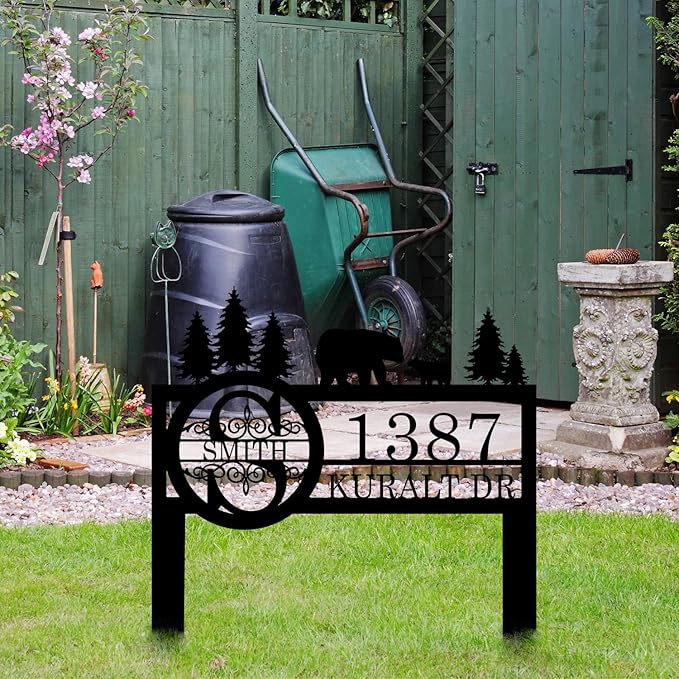 Personalized Custom Bear Wildlife Decor with Metal Stake - Address House Number Name Sign for Farmhouse, Yard, Camping
