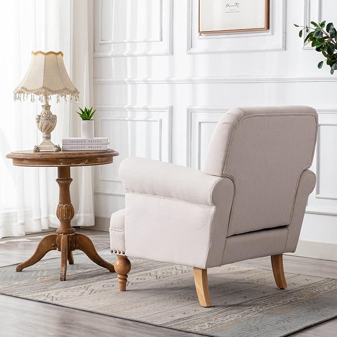 chairus Linen Accent Chair for Living Room Upholstered Mid Century Modern Single Sofa Chair with Solid Wood Legs Comfy Reading Chair Armchair for Bedroom/Office Room/Recption/Lounge, Cream