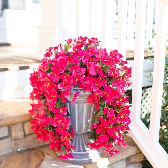 Faux Bougainvillea Artificial Flowers Plants for Outdoors Outside Decoration, 2 PCS Fake Flowers Silk Long Trailing Vines UV Resistant Realistic for Front Door Porch Planter Urn Patio Balcony Hot Pink