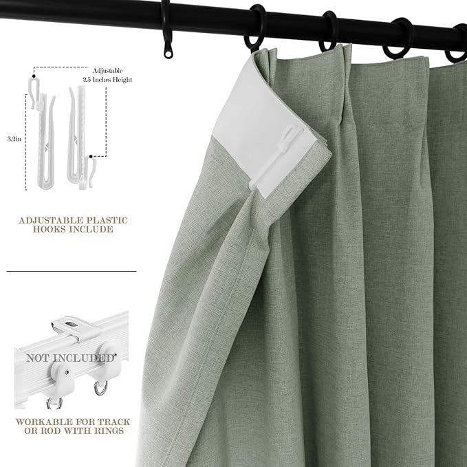 Fog Green Pinch Pleat 100% Blackout Drapes Linen Blend, Room Divider, Room Darkening, Energy Saving, Furniture Protecting, Light Blocking Extra Wide Privacy Curtains, 200Wx108L, 1 PC