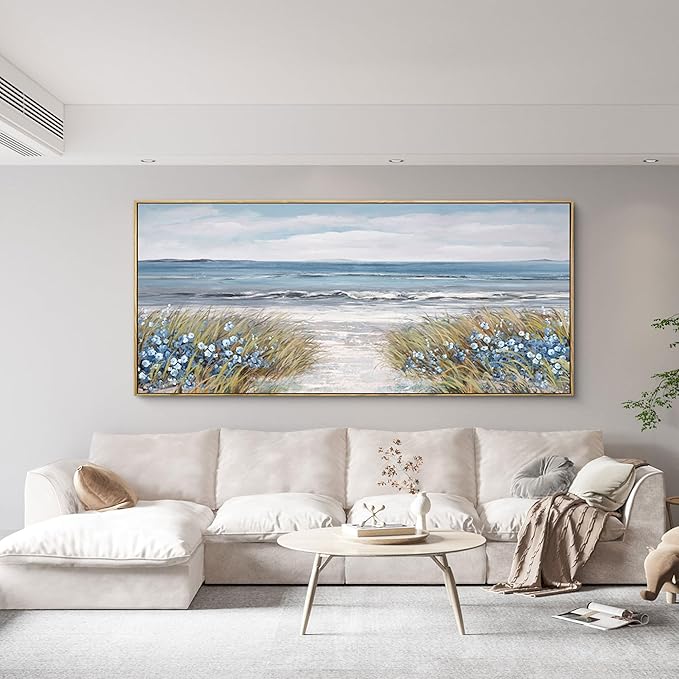 XLSJERST Extra Large Framed Wall Art for Living Room Decor - Farmhouse Boho Beach Coastal Vintage Floral Ocean Wall Picture Flowers Sea Canvas Print Artwork for Home Bedroom Office