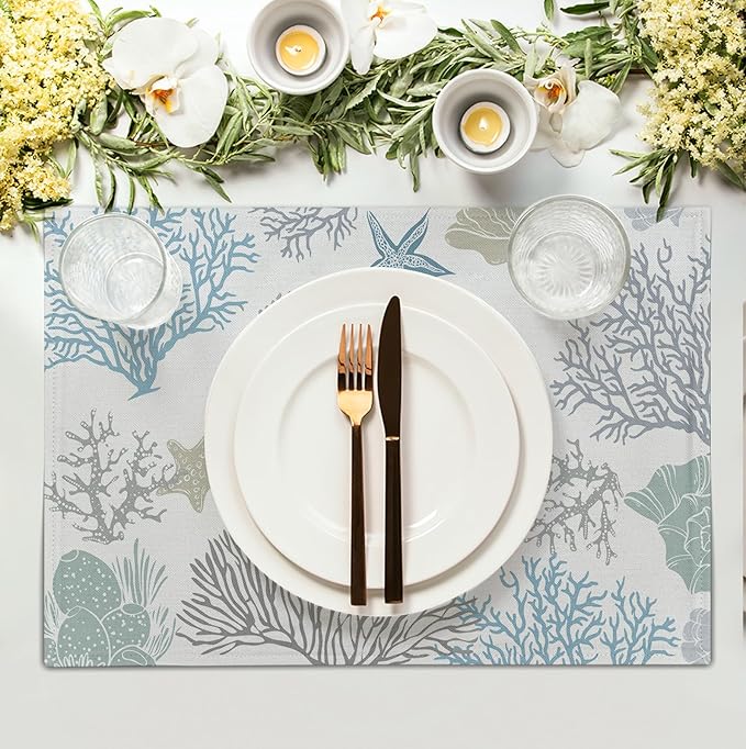 Summer Linen Placemats Set of 4 Nautical Coastal Theme Washable Non-Slip Heat Resistant Table Place Mat 12×18 Inch Ocean Beach Blue Grey Coral Starfish Place Mats for Kitchen Dining Table