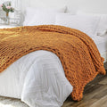 Bigacogo Chunky Knit Throw Blanket for Couch, 40x80 inches, 100% Hand Knitted with Thick Jumbo Chenille Yarn, Cozy Soft Large Rope Knot Cable Crochet Blankets for Sofa Bed Living Room, Burnt Orange
