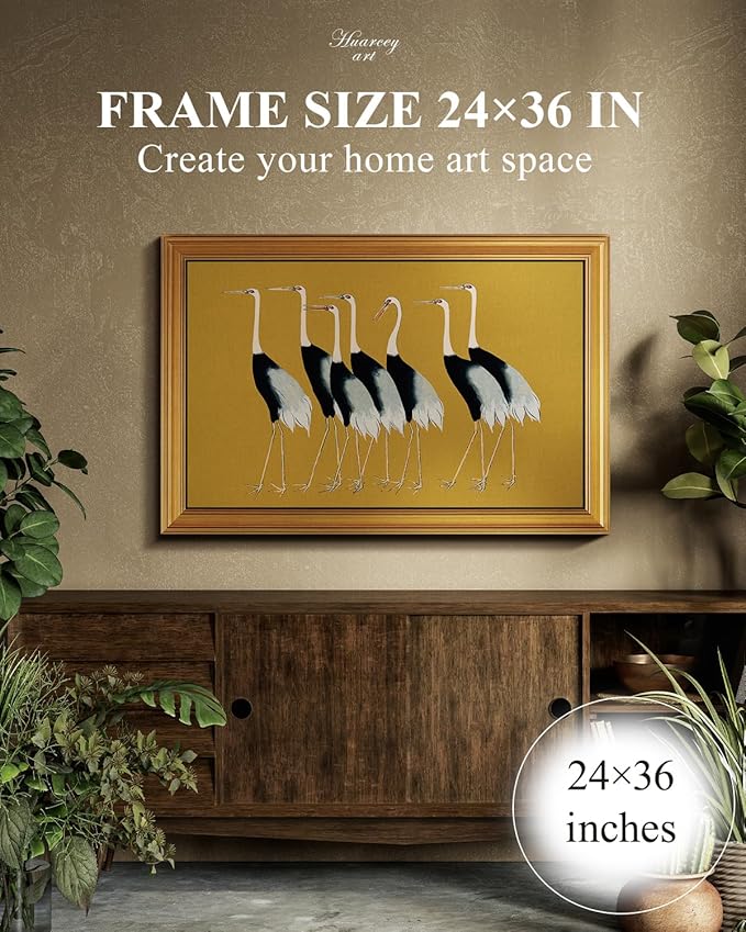 HUARCEY Gold Framed Vintage Wall Art for Living Room, Animals Painting Prints Large Decor for Kitchen, Aesthetic Bedroom Wall Art Decor, Christmas Gifts for Friends or Family (Seven Cranes 24"x36")