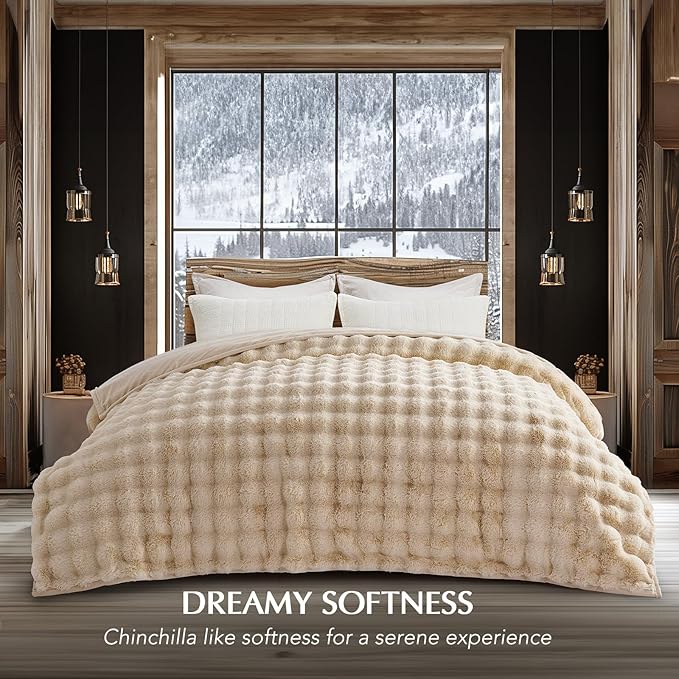 EVERGRACE Ultra Soft Luxury Fluffy Ridgeline Faux Rabbit Fur Throw Blanket, Thick Warm Bubble Throw for Bed, Cozy Plush Reversible Blankets for Couch, Chair, Sofa, Cream, 80x90 Inches, 870 GSM