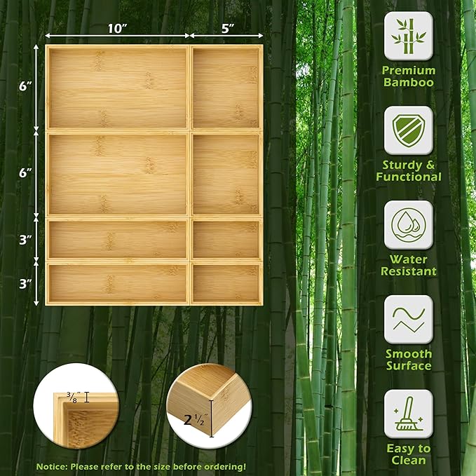 Bathroom Drawer Organizer Trays, Bamboo Silverware Drawer Organizer Kitchen Utensils, 8 PCS Wood Box Stackable Bins for Makeup, Office Desk, Vanity, Junk Drawer