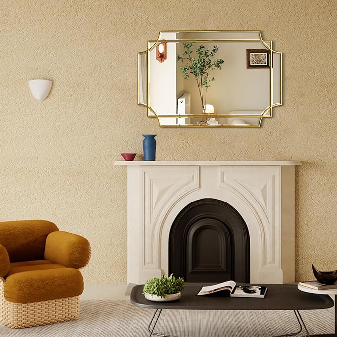 Gold Mirror for Wall, 36x24 Gold Wood Framed, Scalloped Beveled Polished Rectangle Mirror, Large Decorative Mirrors for Wall Decor, Irregular Mirror for Living Room, Bathroom Vanity, Entryway
