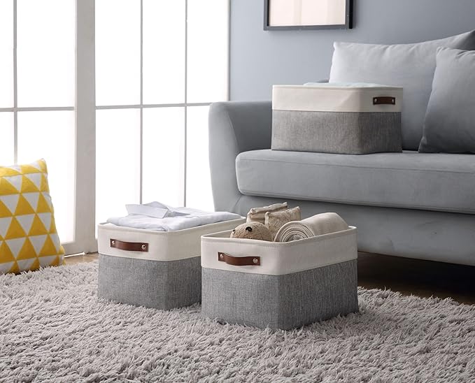 DECOMOMO Storage Bins Fabric Storage Baskets for Shelves, Linen Closet Organization Toys Nursery (Grey and White, Large - 1 Pack)