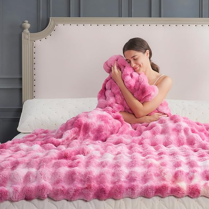 Cozy Bliss Faux Fur Throw Blanket for Couch, Fuzzy Soft Plush Thick Bubble Blanket for Sofa Bedroom Living Room, 60 * 80 Inches Tie Dye Pink