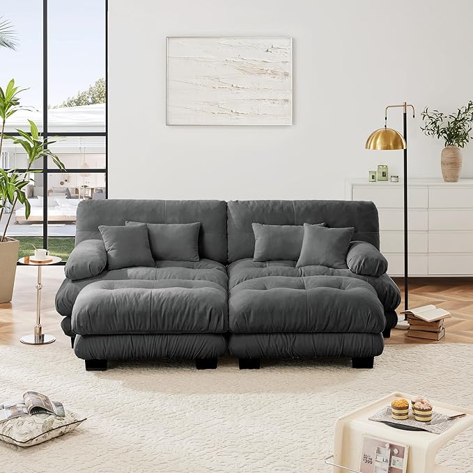 Loveseat Modular Sectional Sofa, U Shaped Couch with Ottoman, Cloud Couch Sectional Couch Home Sofa Living Room Oversized Couch Deep Seat Couch with Round Bolster Armrests 4 Pillows(Gray)