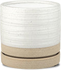 6 Inch Plant Pots, Ceramic Planter Pot with Drainage Hole & Saucer, Indoor/Outdoor Cylinder Round Planter Pot, White & Beige Glaze
